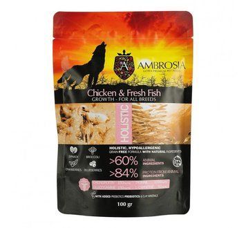 Беззерновий корм Ambrosia Grain free з куркою та свіжою рибою для цуценят всіх порід 0,1кг 5214002707378 фото