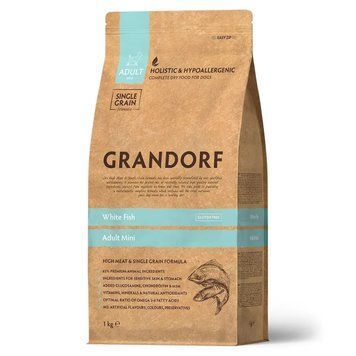 Сухий низькозерновий корм для дорослих собак дрібних порід /Grandorf White Fish Mini із білою рибою 1 кг 5407007853335 фото