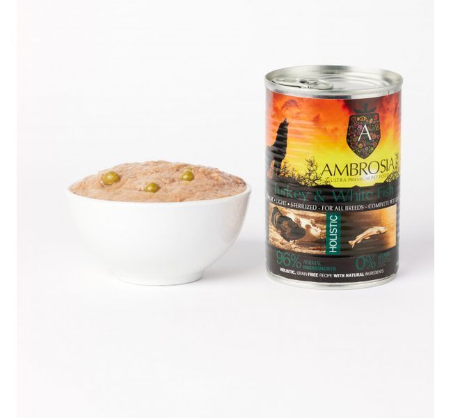 Вологий корм Ambrosia Grain free з індичкою та білою рибою для літніх та стерилізованих собак 400г Amb5 фото