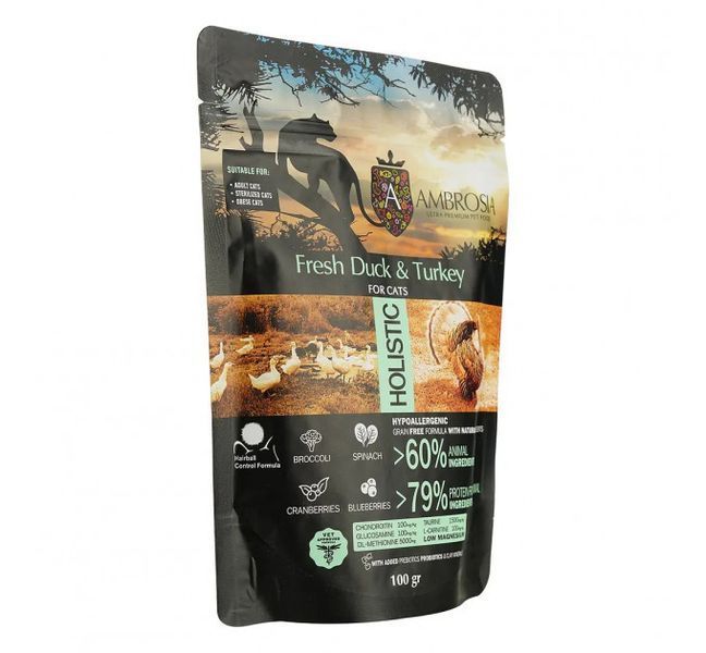 Беззерновий корм Ambrosia Grain free зі свіжою качкою та індичкою для літніх та стерилізованих кішок 0,1кг 5214002707460 фото