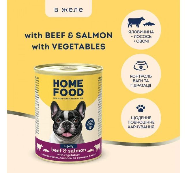 Консервований корм Home Food для дорослих собак з яловичиною, лососем та овочами в желе 360г 4820290091955 фото